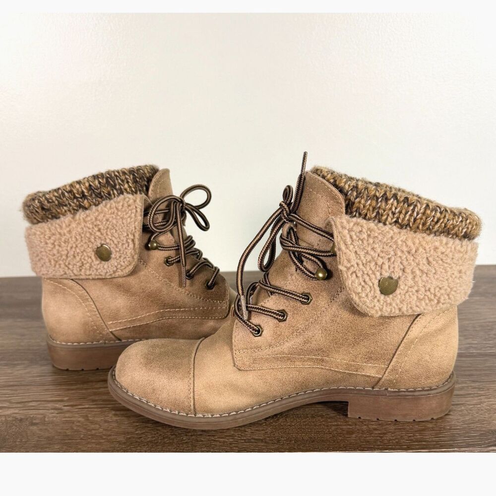 Cliffs by White Mountain Davis Womens 8.5M Ankle Boots Sweater Knit Lace Up Tan